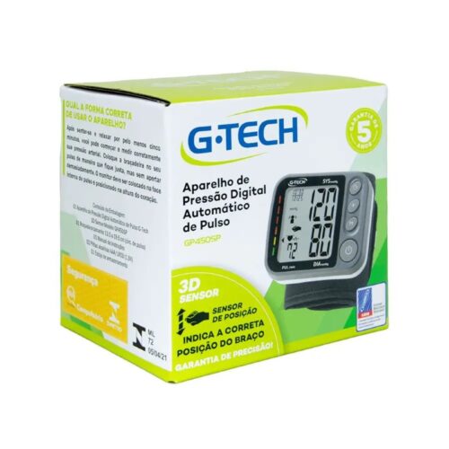 O Aparelho de pressão digital automático de pulso G-Tech GP450SP é a melhor opção para quem quer ter um controle total de suas medições de pressão arterial, usufruindo das tecnologias que fazem esse processo mais simples e seguro. Esse modelo possui a exclusiva tecnologia 3D Sensor, que reconhece e indica automaticamente se o aparelho está posicionado na altura perfeita para uma medição sem erros! Incorporando as mais modernas tecnologias, como o gráfico indicador de nível de pressão arterial, média e memória das medições e o indicador de arritmia cardíaca, torna o ato de aferir os níveis de pressão arterial muito mais prático e seguro, aumentando a adesão ao tratamento.